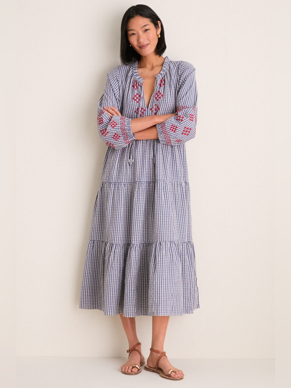 NWT Tuckernuck Navy Prism Embroidered Gingham Long Sleeve Salty Paloma Caftan